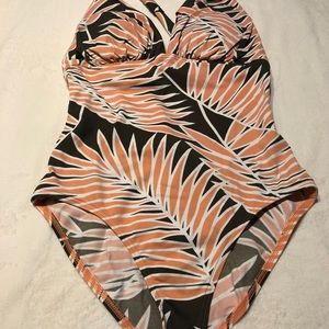 Tommy Bahama baiting suit with black and soft coral print. Size 12